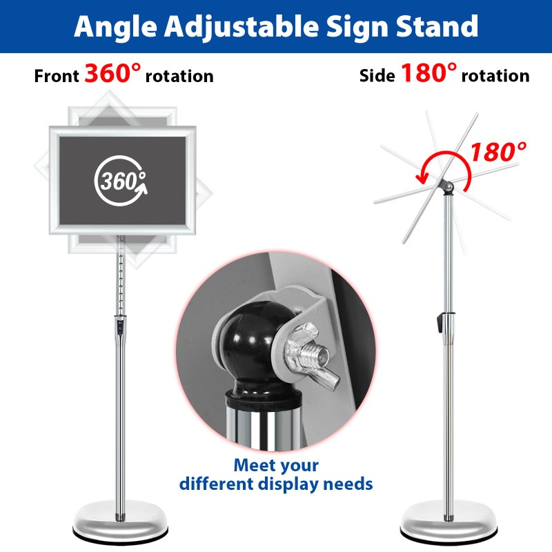 VAIIGO Pedestal Poster Sign Stand, Adjustable Aluminum 8.5 x 11 Floor Standing Sign Holder for Vertical and Horizontal View Sign Displayed, Silver - Image 4